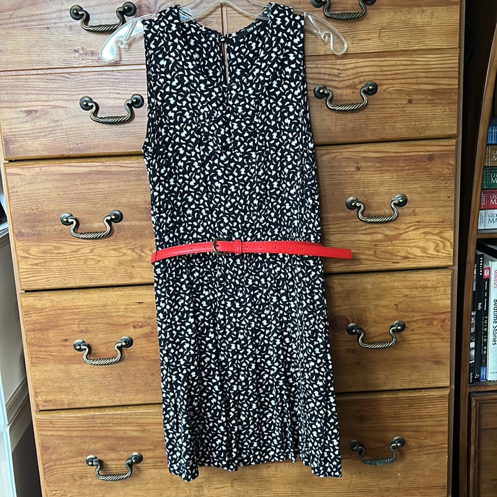 Navy Rayon Patterned Dress with Red Belt